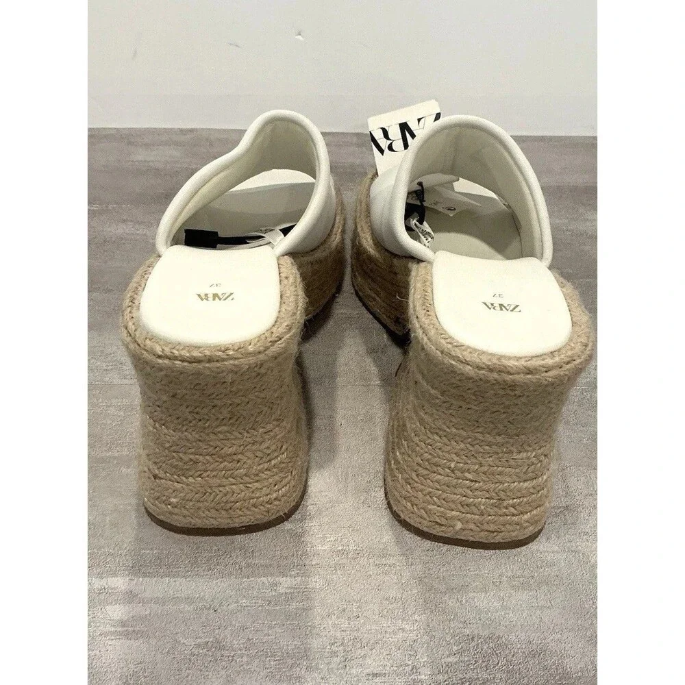 Zara White Leather Chunky Platform Sandals Jute Espadrille Mules NWT Size 37 6.5 - Picture 8 of 11